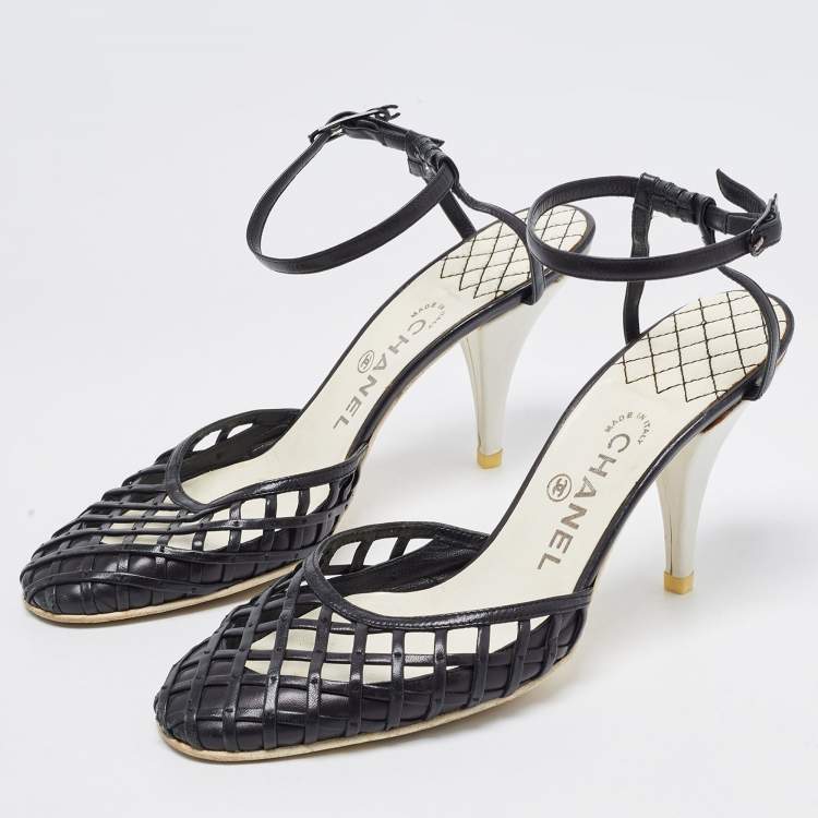 Pre Owned Chanel Black Leather CC Ankle Strap Pumps Size 39.5