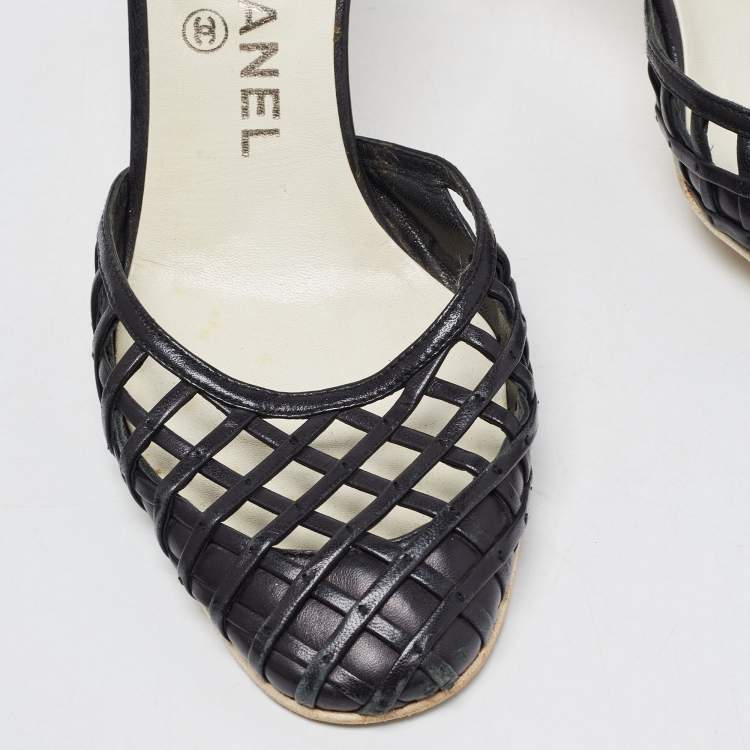 Pre Owned Chanel Black Leather CC Ankle Strap Pumps Size 39.5