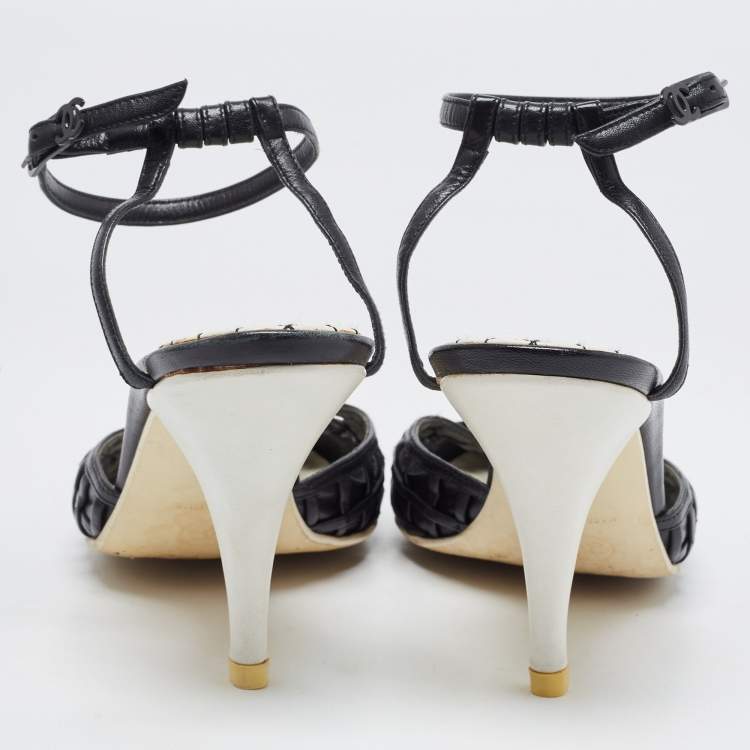 Pre Owned Chanel Black Leather CC Ankle Strap Pumps Size 39.5