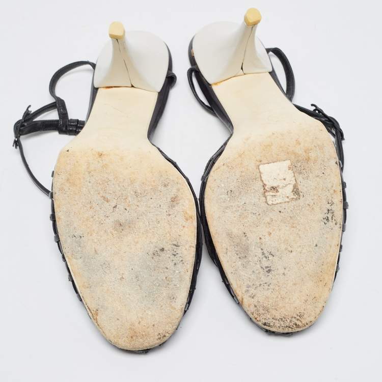 Pre Owned Chanel Black Leather CC Ankle Strap Pumps Size 39.5