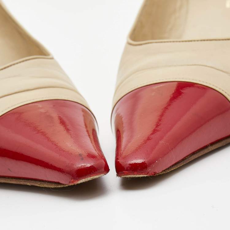 Pre Owned Chanel Beige/Red Patent and Leather Pointed Toe Pumps Size  38.5