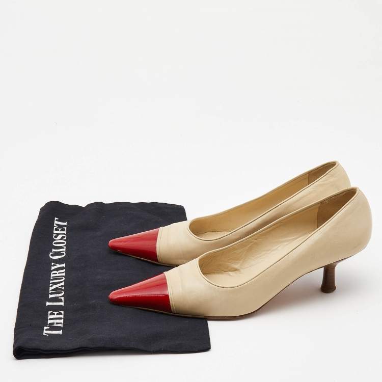 Pre Owned Chanel Beige/Red Patent and Leather Pointed Toe Pumps Size  38.5
