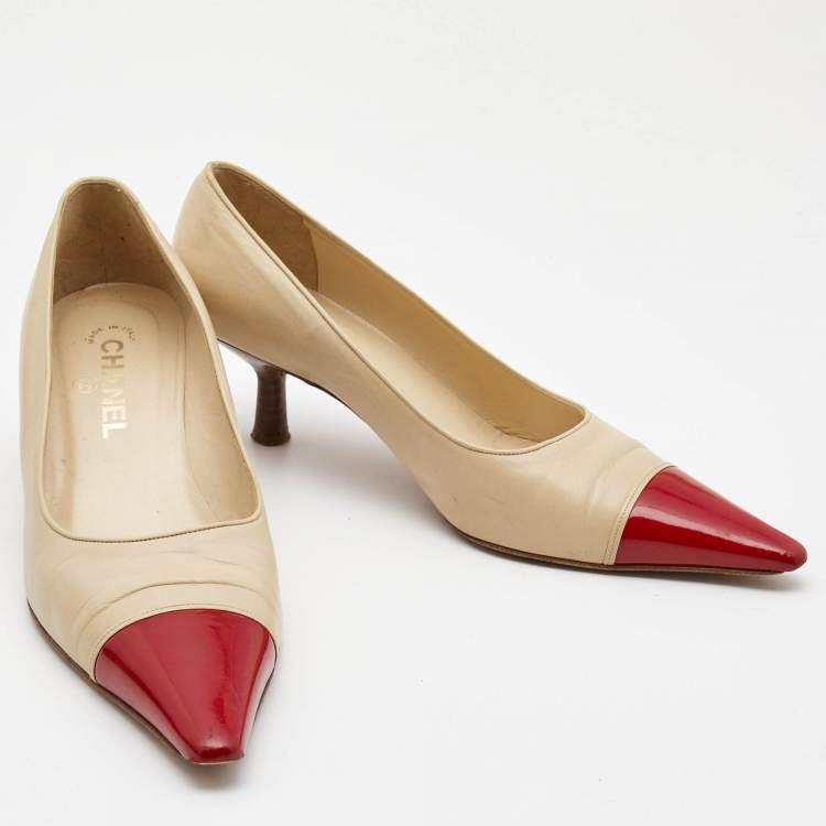 Pre Owned Chanel Beige/Red Patent and Leather Pointed Toe Pumps Size  38.5