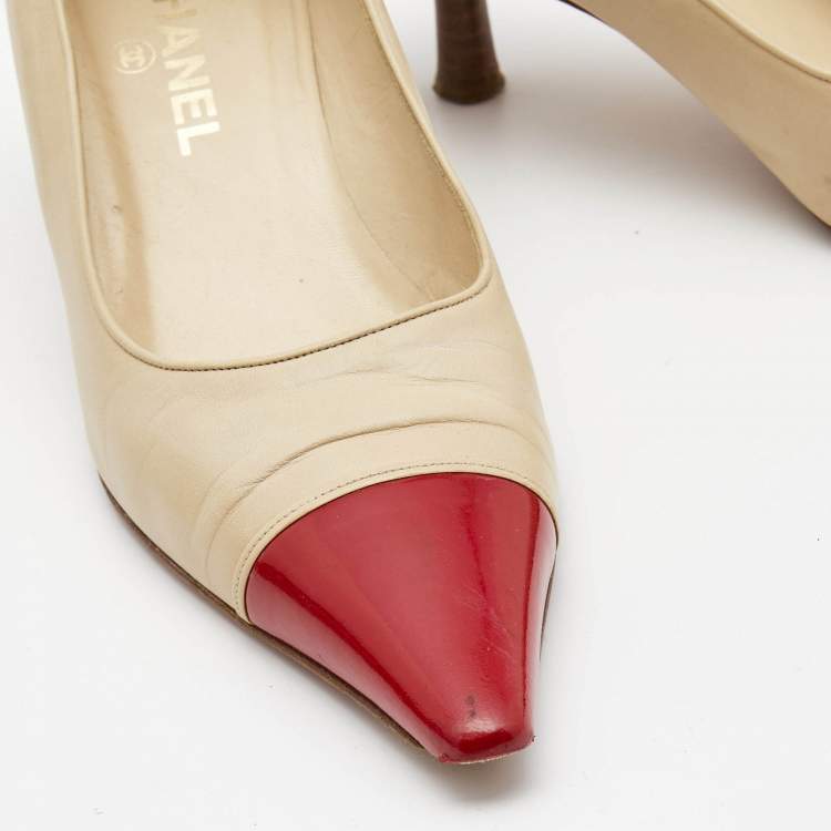 Pre Owned Chanel Beige/Red Patent and Leather Pointed Toe Pumps Size  38.5