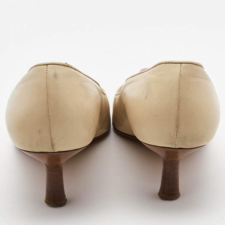 Pre Owned Chanel Beige/Red Patent and Leather Pointed Toe Pumps Size  38.5