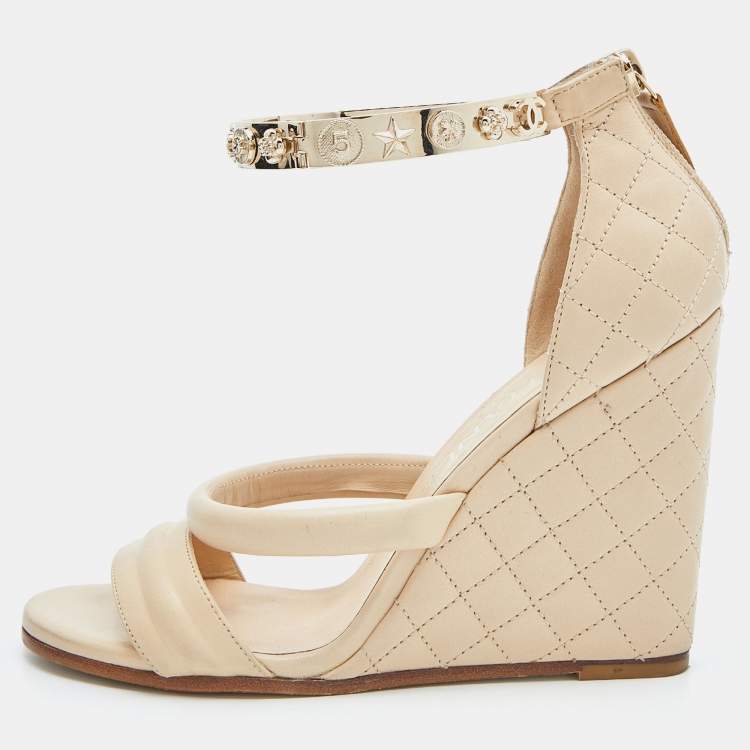 Chanel Beige Quilted Leather Bracelet Ankle Strap Wedge Sandals