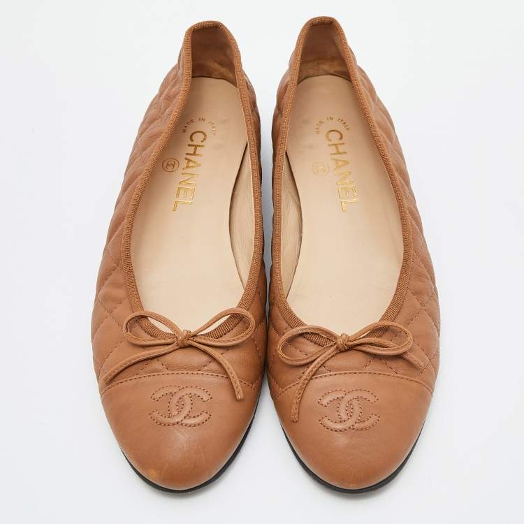 Pre Owned Chanel Brown Quilted Leather CC Bow Ballet Flats Size 39