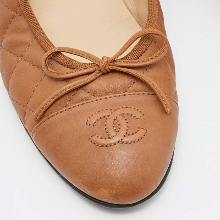 Pre Owned Chanel Brown Quilted Leather CC Bow Ballet Flats Size 39