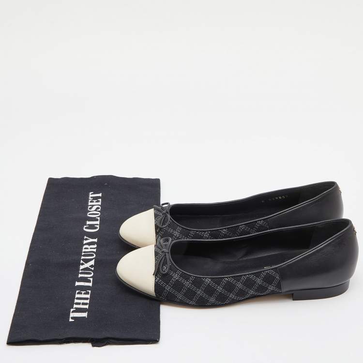 Pre Owned Chanel Black/Cream Quilted Canvas and Leather Bow Ballet Flats Size 39.5