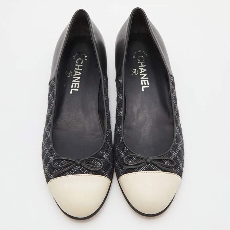 Pre Owned Chanel Black/Cream Quilted Canvas and Leather Bow Ballet Flats Size 39.5