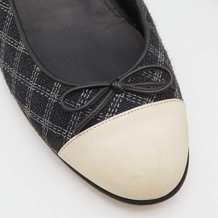 Pre Owned Chanel Black/Cream Quilted Canvas and Leather Bow Ballet Flats Size 39.5