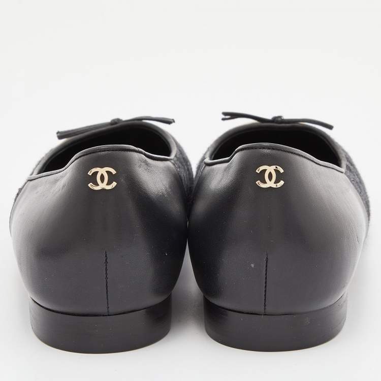 Pre Owned Chanel Black/Cream Quilted Canvas and Leather Bow Ballet Flats Size 39.5