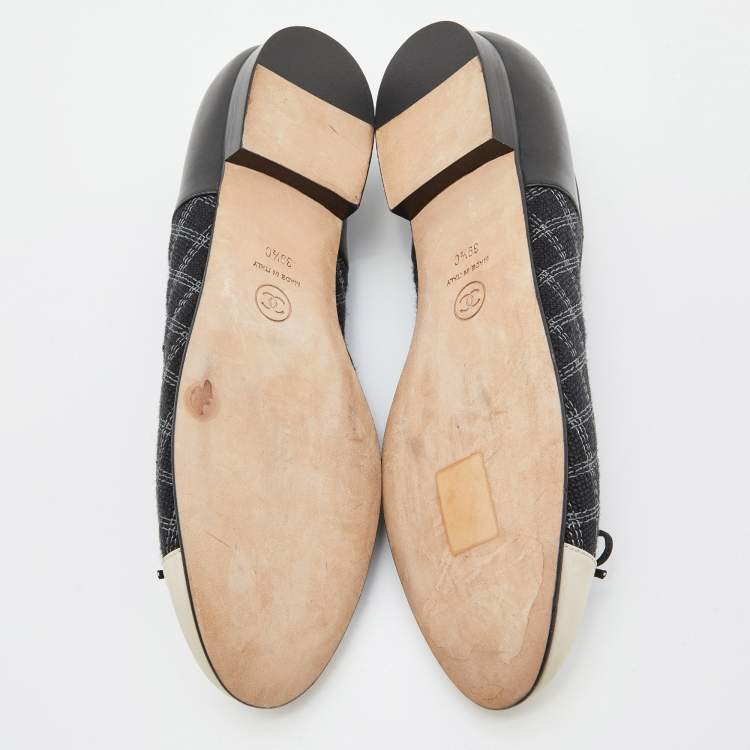 Pre Owned Chanel Black/Cream Quilted Canvas and Leather Bow Ballet Flats Size 39.5