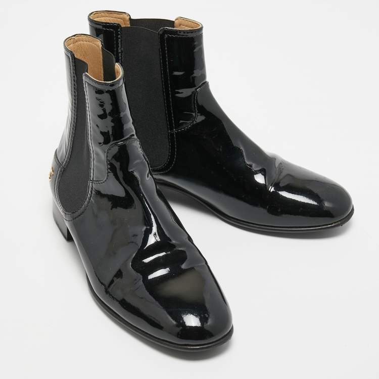 Pre Owned Chanel Black Patent Leather CC Chelsea Boots Size 39.5