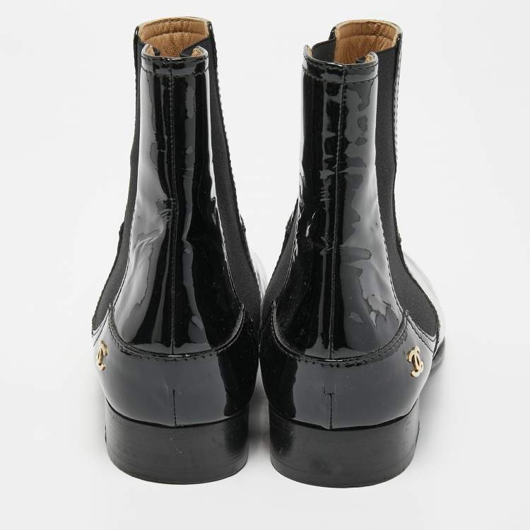Pre Owned Chanel Black Patent Leather CC Chelsea Boots Size 39.5