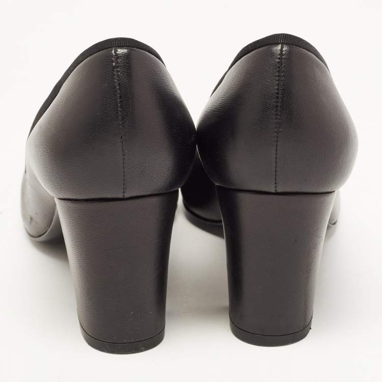 Pre Owned Chanel Black Leather Camellia CC Cap Toe Block Heel Pumps Size 38