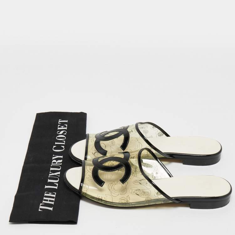 Pre Owned Chanel Transparent/Black PVC and Patent Leather CC Flat Slides Size 39