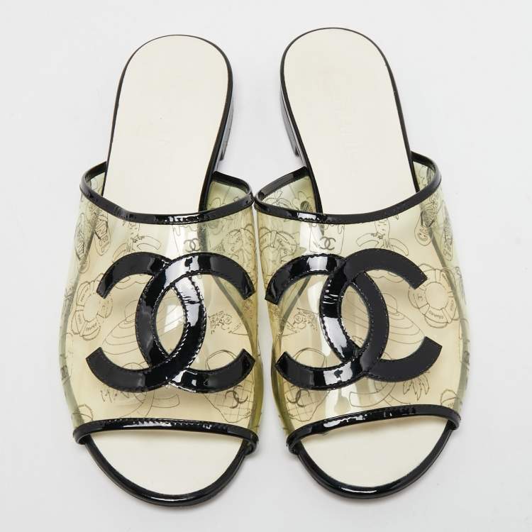 Pre Owned Chanel Transparent/Black PVC and Patent Leather CC Flat Slides Size 39