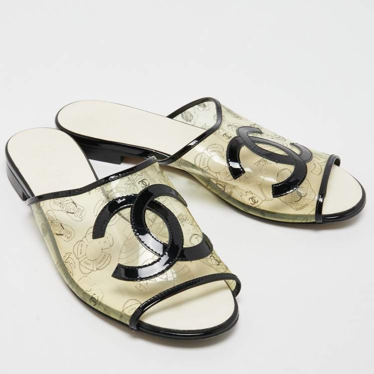Pre Owned Chanel Transparent/Black PVC and Patent Leather CC Flat Slides Size 39