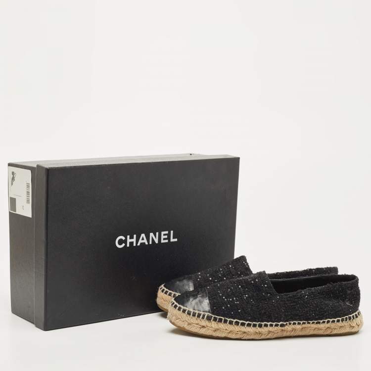 Pre Owned Chanel Black Sequin and Leather CC Cap Toe Espadrille Size 37