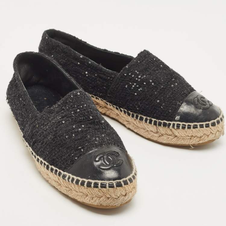 Pre Owned Chanel Black Sequin and Leather CC Cap Toe Espadrille Size 37