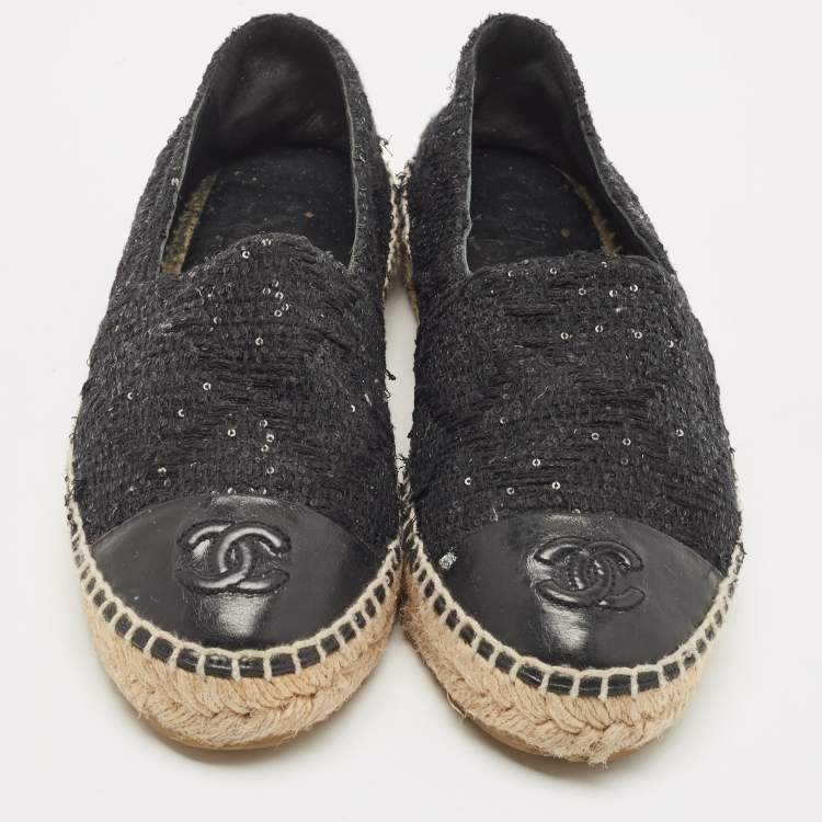 Pre Owned Chanel Black Sequin and Leather CC Cap Toe Espadrille Size 37