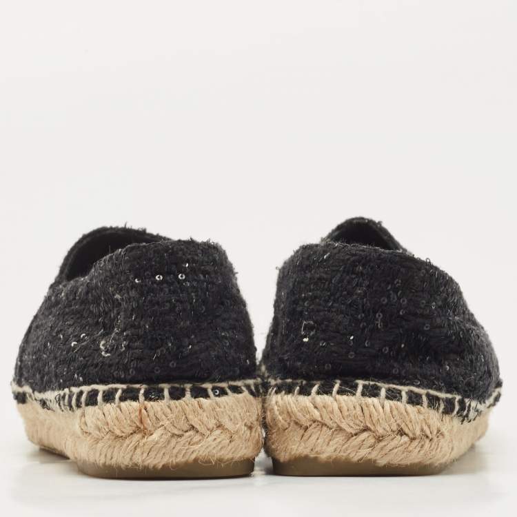Pre Owned Chanel Black Sequin and Leather CC Cap Toe Espadrille Size 37