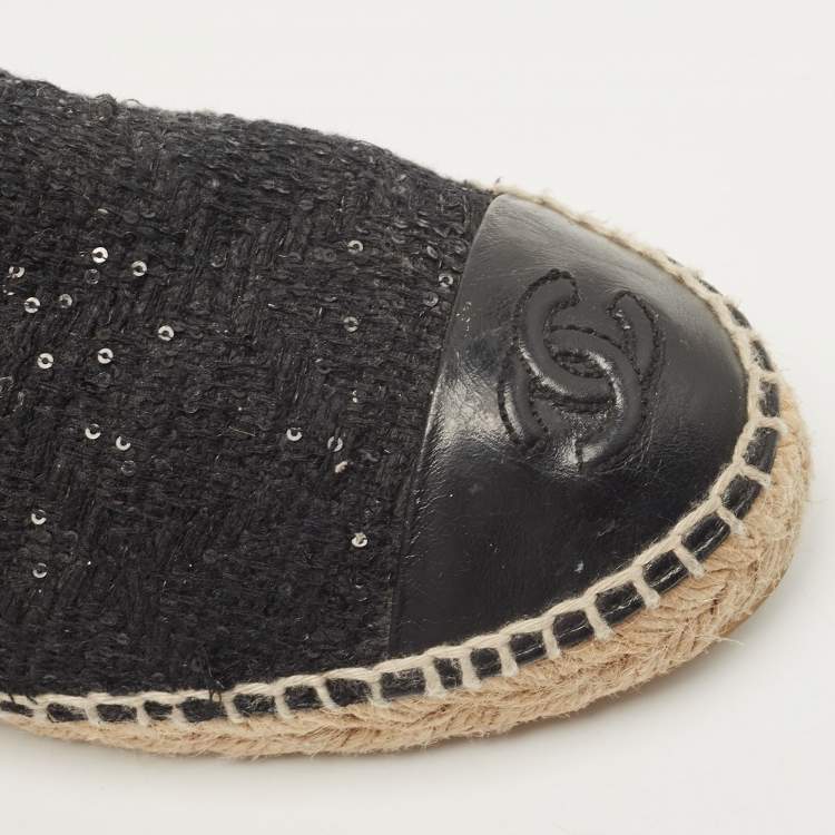 Pre Owned Chanel Black Sequin and Leather CC Cap Toe Espadrille Size 37