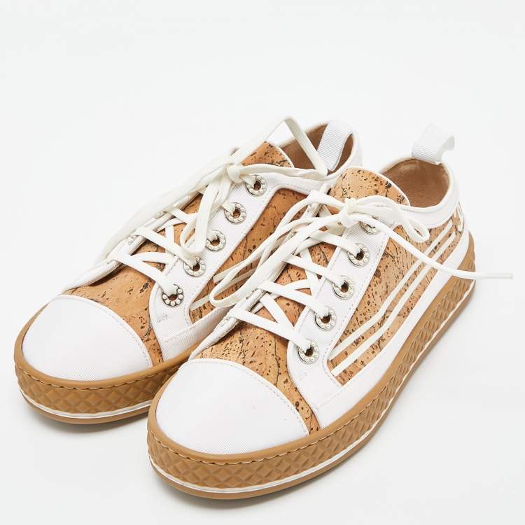 Pre Owned Chanel White/Beige Cork and Fabric Low Top Sneakers Size 37.5