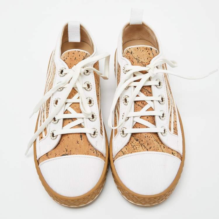 Pre Owned Chanel White/Beige Cork and Fabric Low Top Sneakers Size 37.5