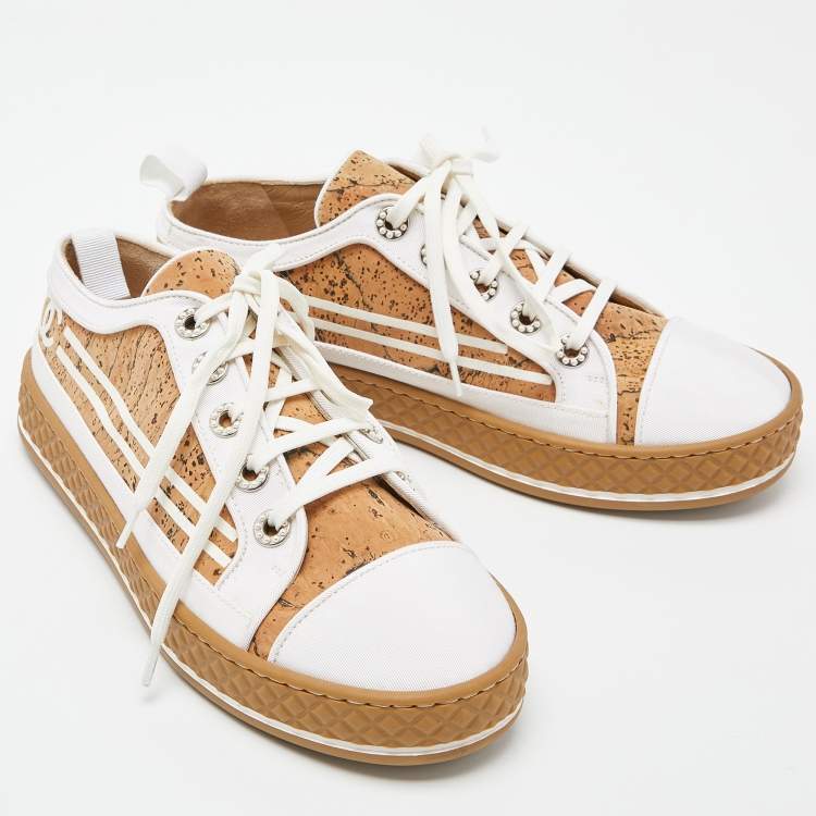 Pre Owned Chanel White/Beige Cork and Fabric Low Top Sneakers Size 37.5