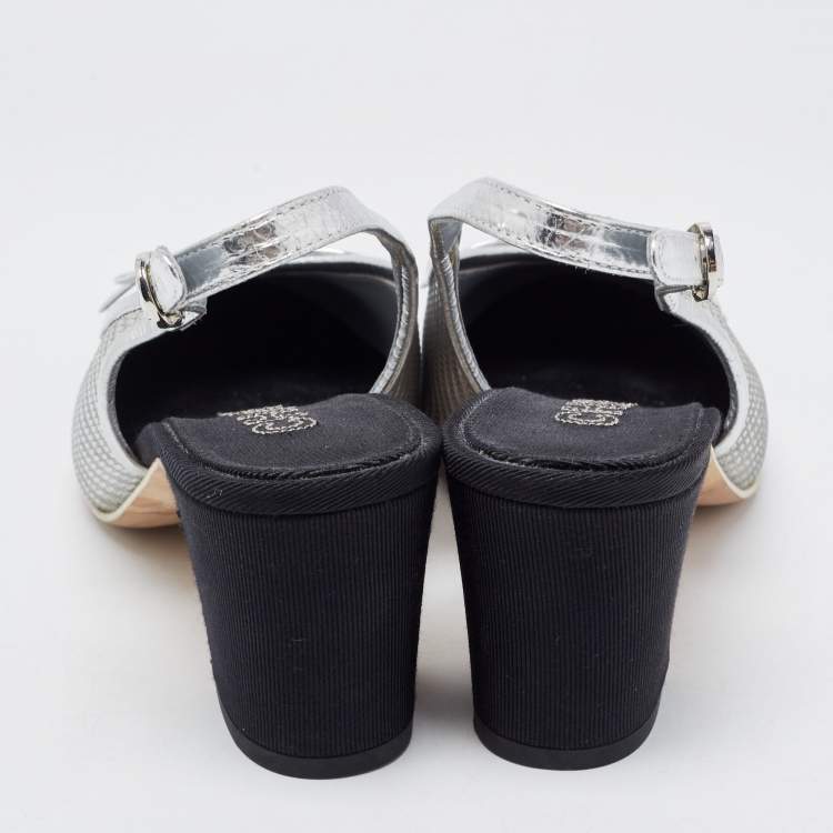 Pre Owned Chanel Silver/Black Canvas and Leather CC Slingback Pumps Size 36.5