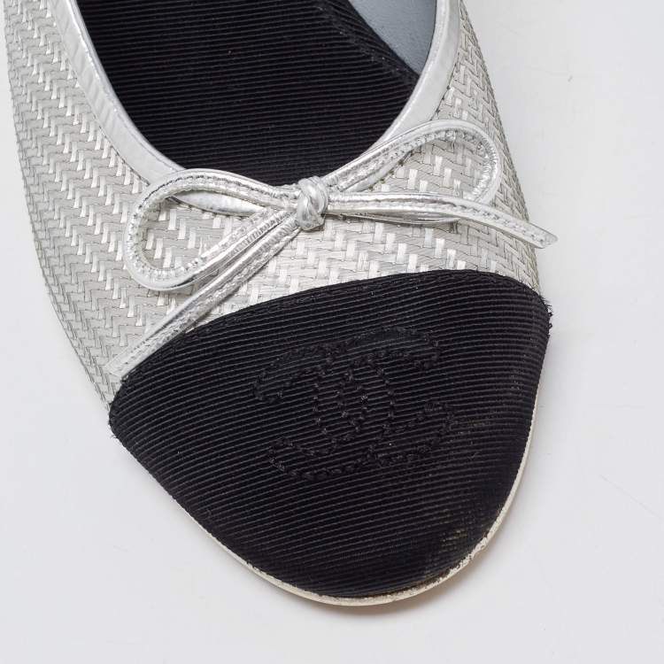 Pre Owned Chanel Silver/Black Canvas and Leather CC Slingback Pumps Size 36.5