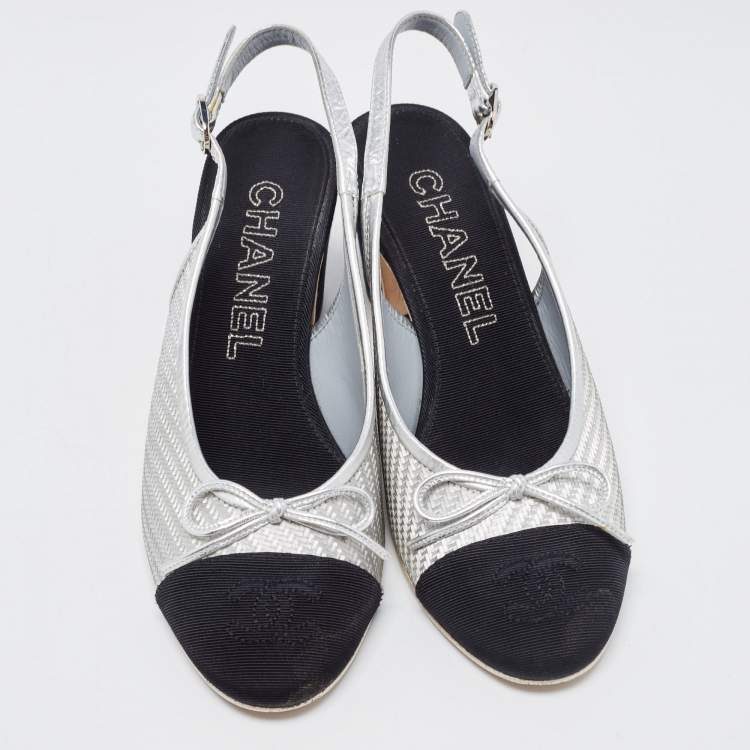 Pre Owned Chanel Silver/Black Canvas and Leather CC Slingback Pumps Size 36.5