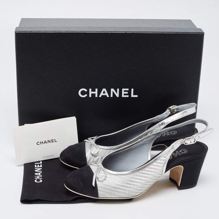 Pre Owned Chanel Silver/Black Canvas and Leather CC Slingback Pumps Size 36.5