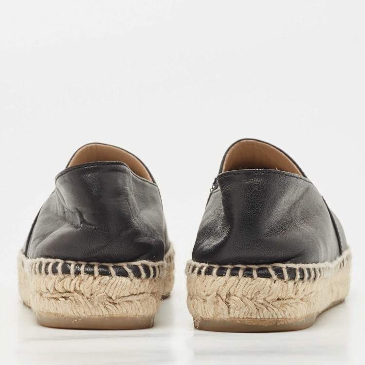Pre Owned Chanel Black Leather CC Cap Toe Espadrilles Flats Size 38