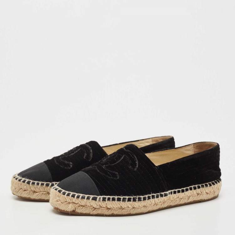 Pre Owned Chanel Black Velvet and Fabric CC Espadrille Flats Size 38