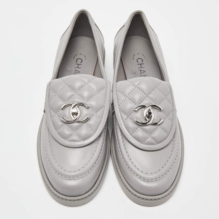 Pre Owned Chanel Grey Quilted Leather CC Turnlock Loafers Size 38.5