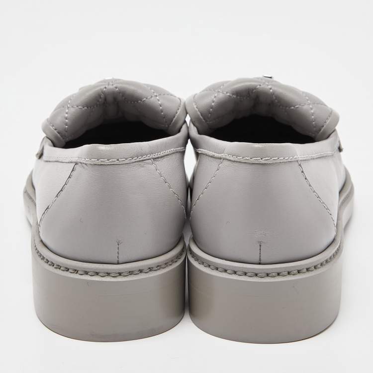 Pre Owned Chanel Grey Quilted Leather CC Turnlock Loafers Size 38.5