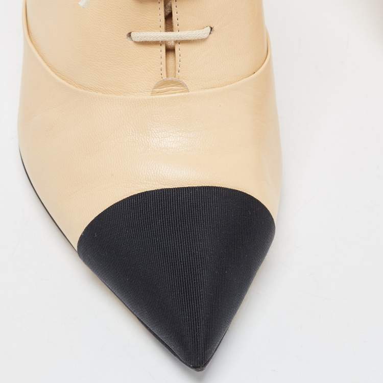 Pre Owned Chanel Beige/Black Leather and Canvas CC Faux Pearl Lace Up Booties Size 40