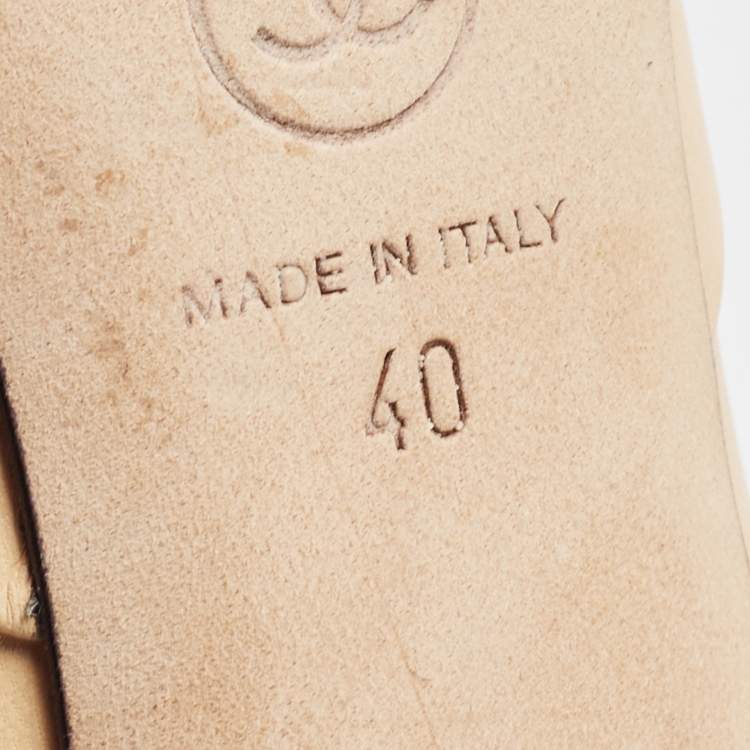 Pre Owned Chanel Beige/Black Leather and Canvas CC Faux Pearl Lace Up Booties Size 40