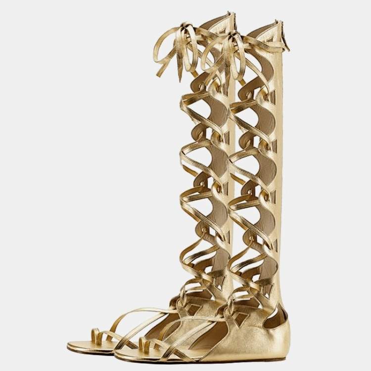 Chanel Metallic Gold Leather Gladiator Flat Sandals Size 36.5
