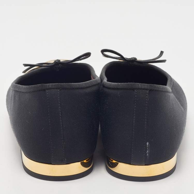 Pre Owned Chanel Black/Gold Canvas and Leather CC Cap Toe Bow Ballet Flats Size 38.5