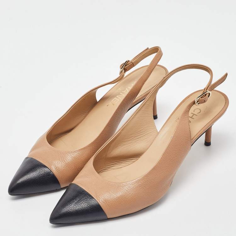 Chanel Beige/Black Leather CC Slingback Pumps Size 40 Chanel