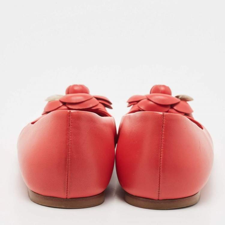 Pre Owned Chanel Red Leather Camelia Ballet Flats Size 37.5