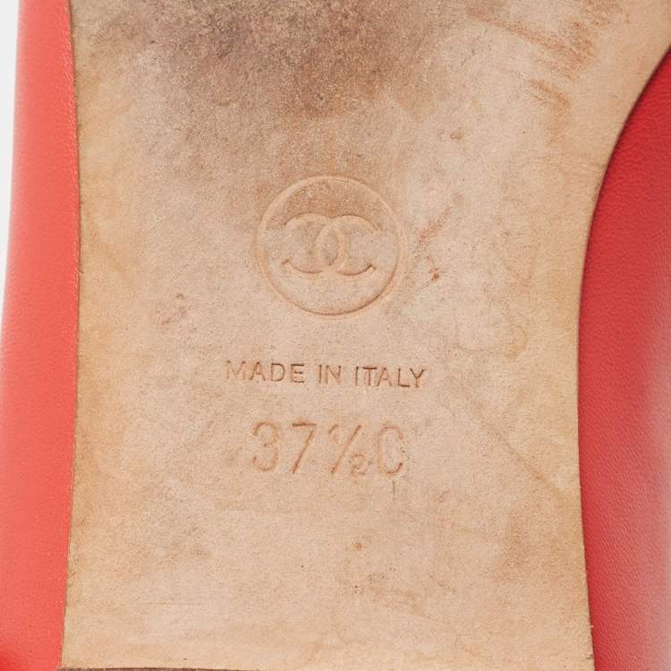 Pre Owned Chanel Red Leather Camelia Ballet Flats Size 37.5