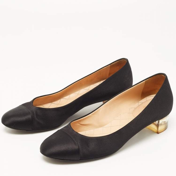 Chanel Black Satin Block Heel Pumps Size 37.5