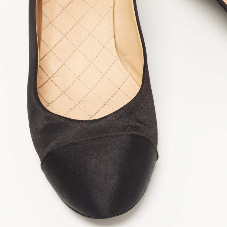 Pre Owned Chanel Black Satin Block Heel Pumps Size 37.5