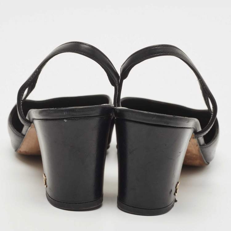 Pre Owned Chanel Black Leather And Canvas CC Slingback Pumps Size 37.5
