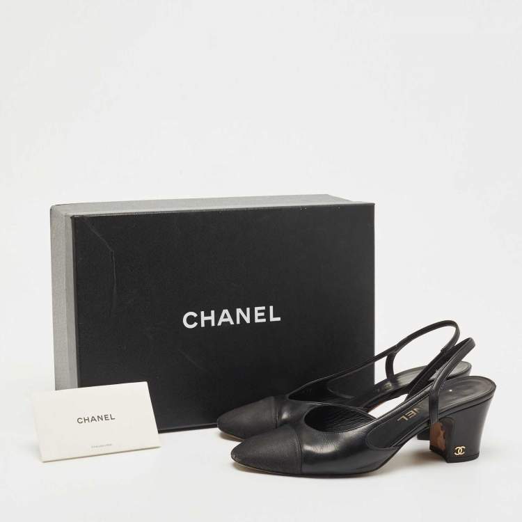 Pre Owned Chanel Black Leather And Canvas CC Slingback Pumps Size 37.5